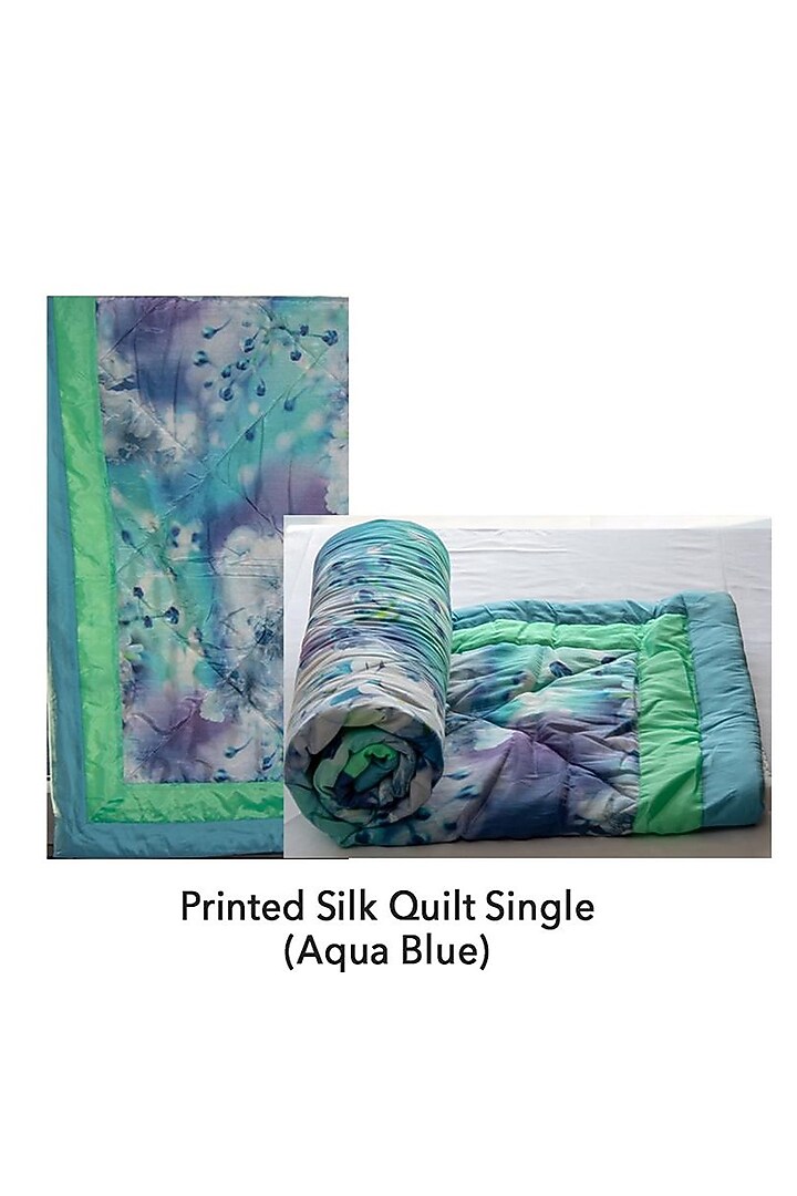 Aqua Blue Taffeta Silk Printed Quilt by Coco Bee at Pernia's Pop Up Shop