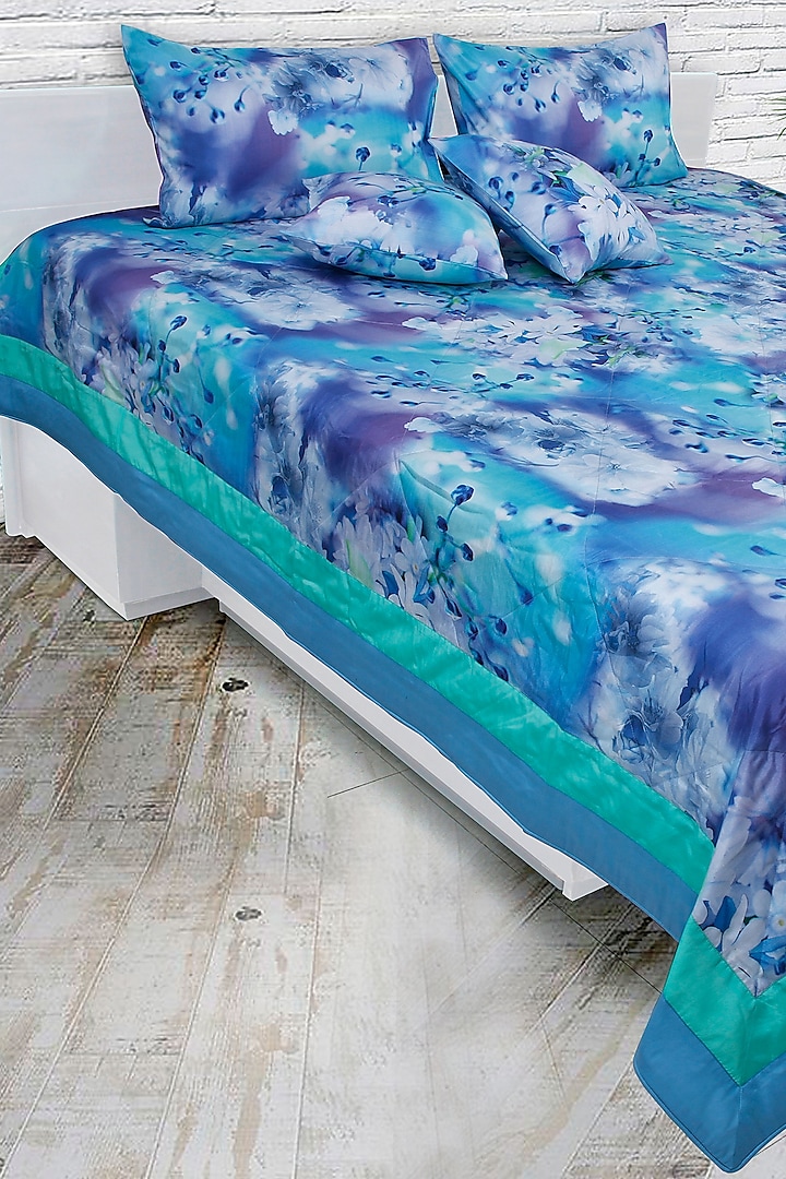 Aqua Blue & Green Printed Bedsheet Set by Coco Bee