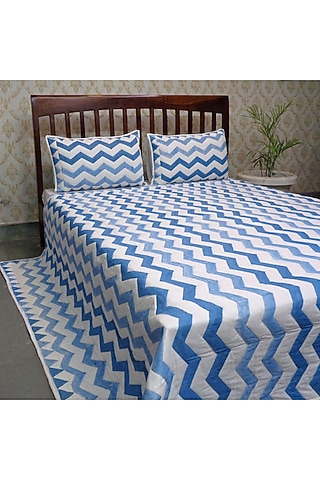 White & Blue Hand Block Printed Quilted Bedspread Set (Set of 3) by Coco Bee