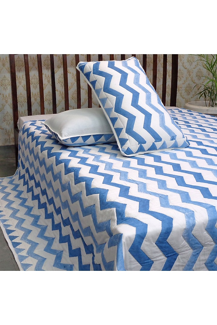 White & Blue Hand Block Printed Quilted Bedspread Set (Set of 3) by Coco Bee at Pernia's Pop Up Shop