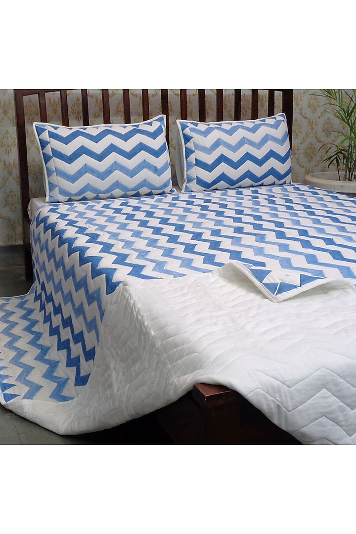 White & Blue Hand Block Printed Quilted Bedspread Set (Set of 3) by Coco Bee at Pernia's Pop Up Shop
