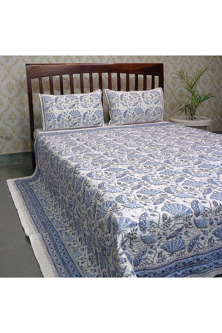 Blue & Grey Hand Block Printed Quilted Bedspread Set (Set of 3) by Coco Bee at Pernia's Pop Up Shop