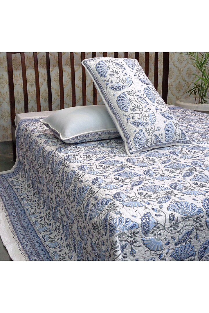 Blue & Grey Hand Block Printed Quilted Bedspread Set (Set of 3) by Coco Bee at Pernia's Pop Up Shop