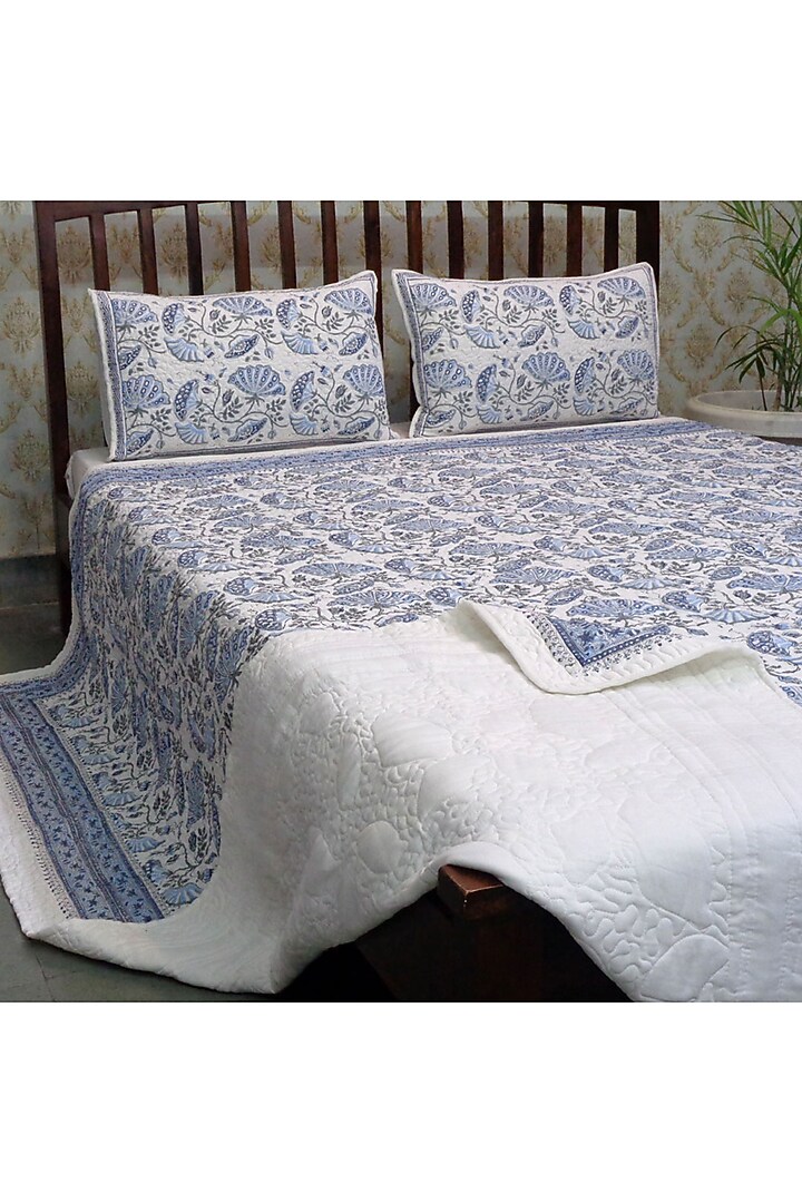 Blue & Grey Hand Block Printed Quilted Bedspread Set (Set of 3) by Coco Bee at Pernia's Pop Up Shop