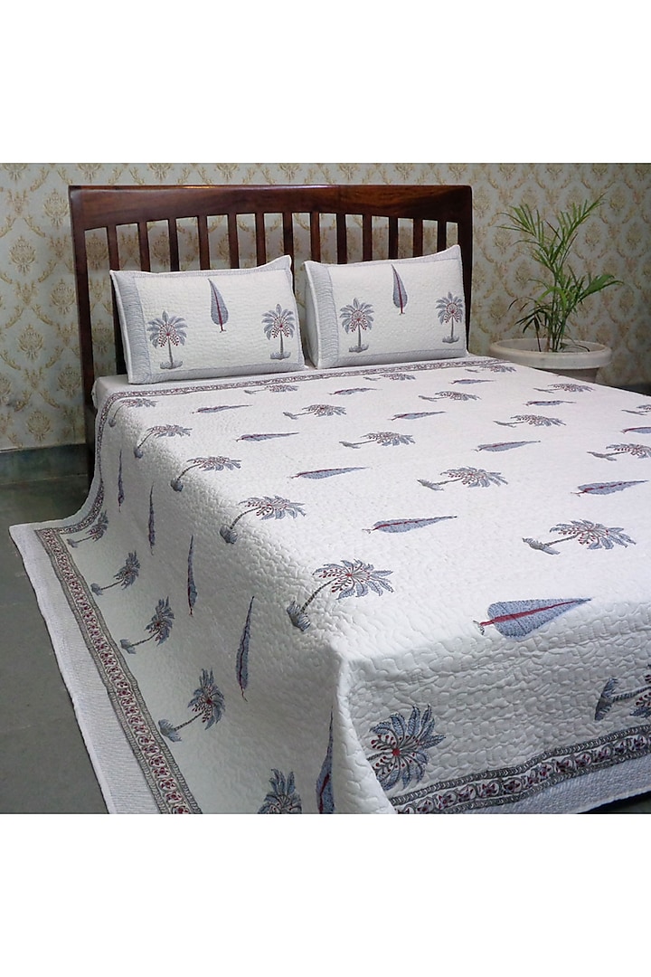 Grey Hand Block Printed Quilted Bedspread Set (Set of 3) by Coco Bee at Pernia's Pop Up Shop