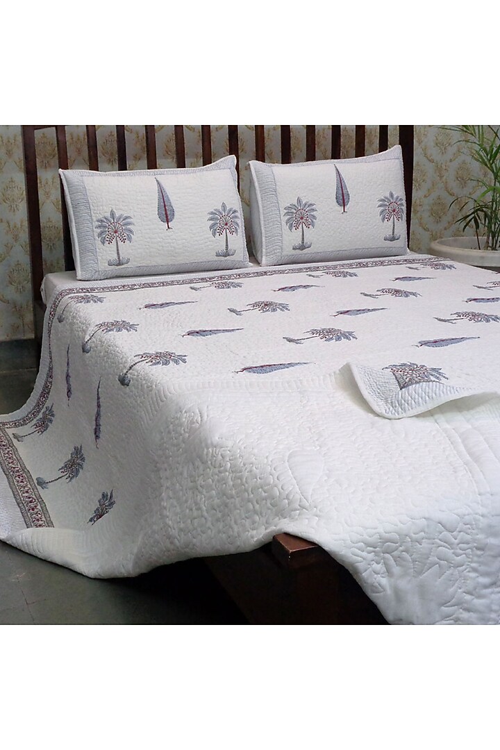 Grey Hand Block Printed Quilted Bedspread Set (Set of 3) by Coco Bee at Pernia's Pop Up Shop