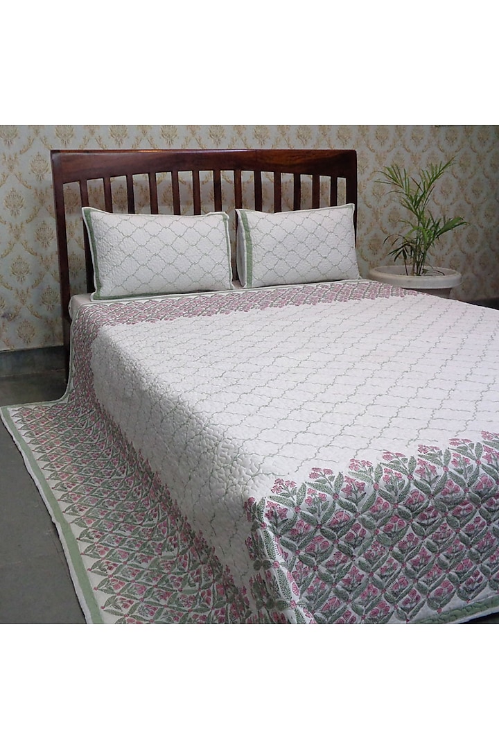 White & Pink Hand Block Printed Quilted Bedspread Set (Set of 3) by Coco Bee