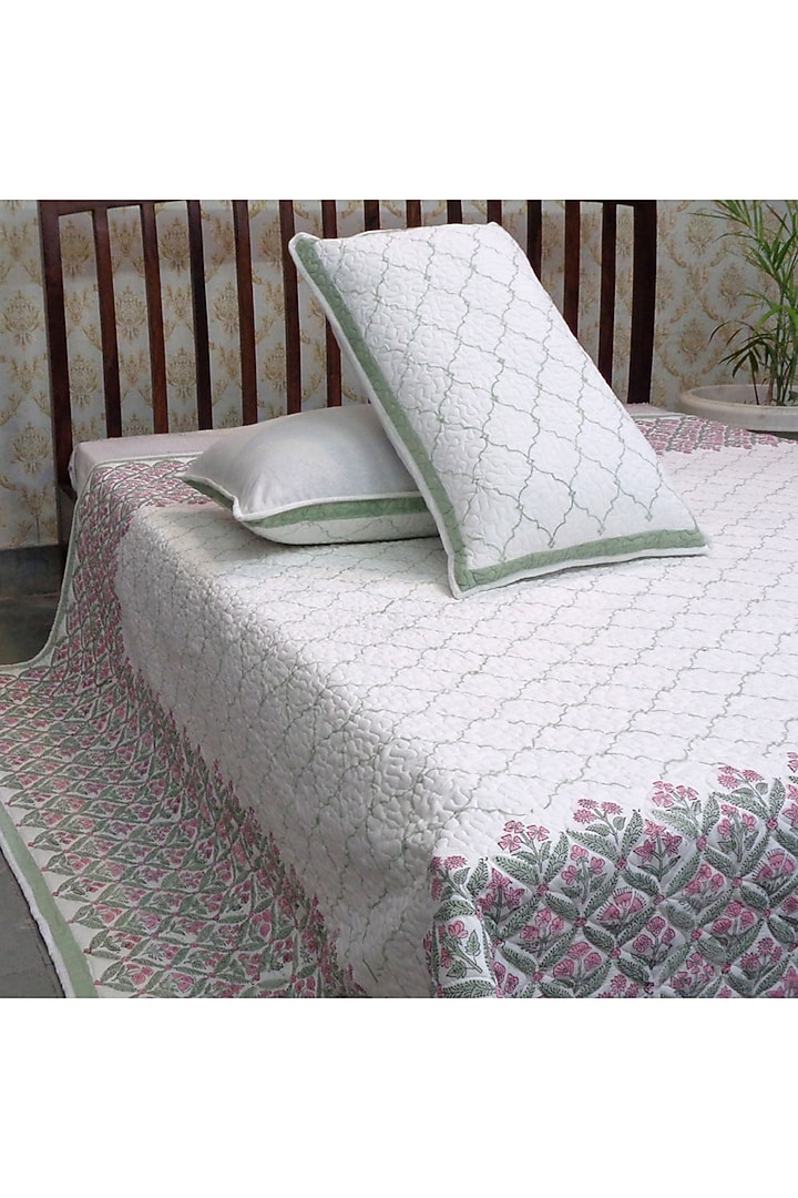 White & Pink Hand Block Printed Quilted Bedspread Set (Set of 3) by Coco Bee at Pernia's Pop Up Shop
