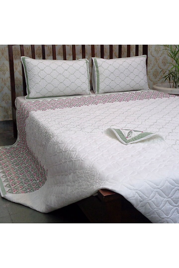 White & Pink Hand Block Printed Quilted Bedspread Set (Set of 3) by Coco Bee at Pernia's Pop Up Shop