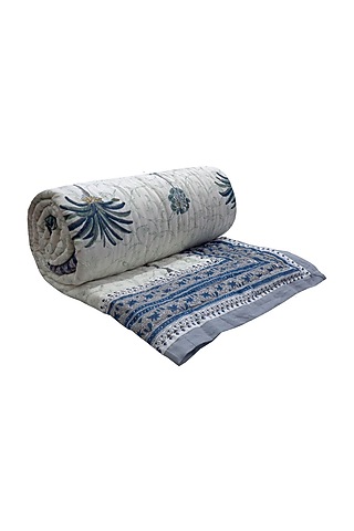 White & Blue Hand Block Printed Single Size Quilt by Coco Bee