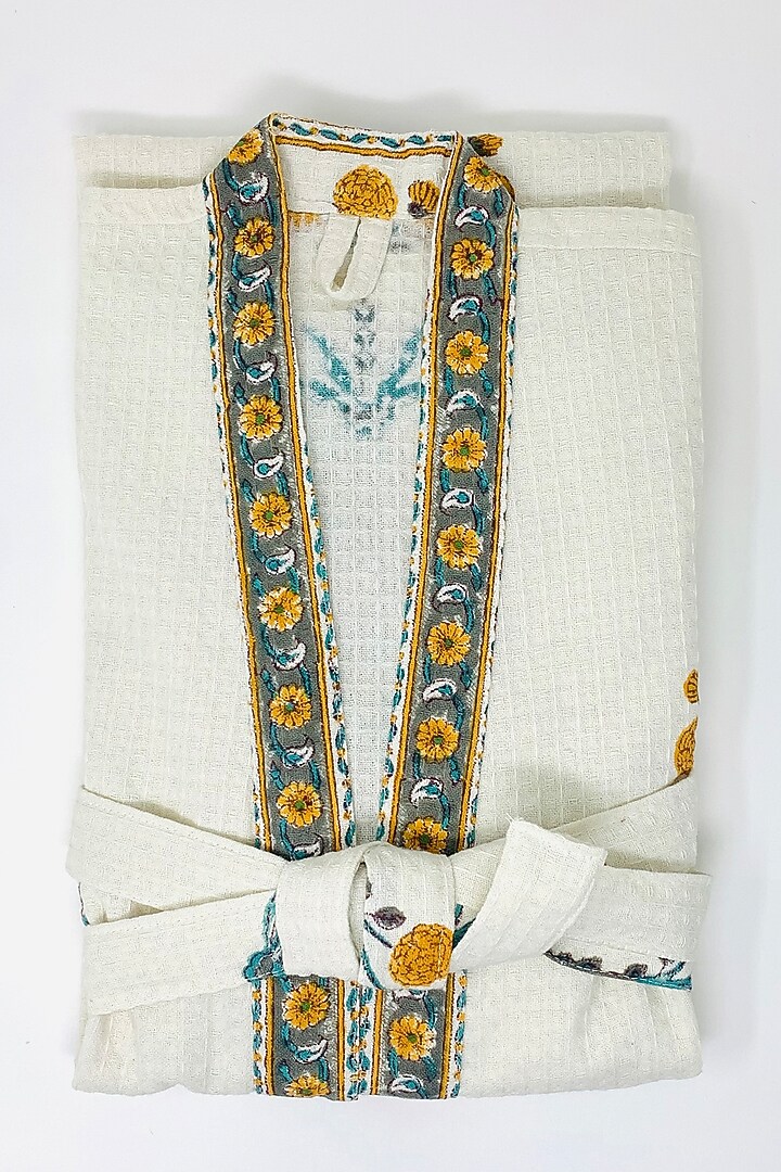 Ivory Waffle Cotton Hand Block Printed Bathrobe by Conscious Co at Pernia's Pop Up Shop