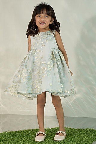 Mint Blue Jacquard Brocade Flared Dress For Girls by COCO
