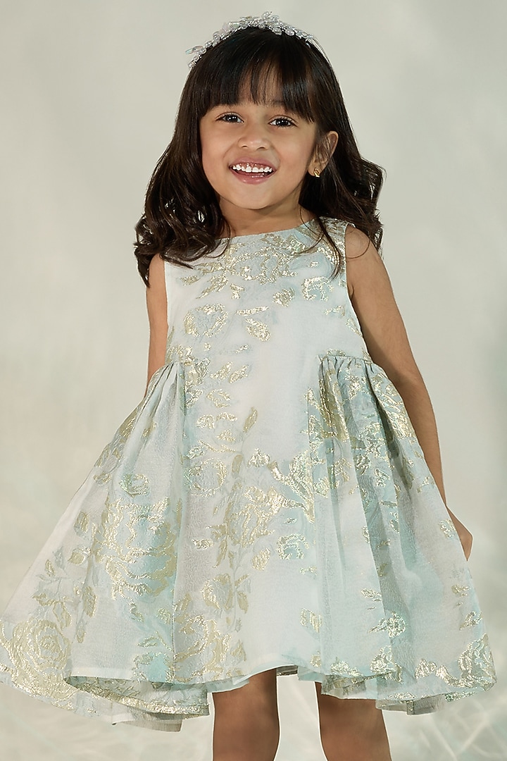 Mint Blue Jacquard Brocade Flared Dress For Girls by COCO at Pernia's Pop Up Shop
