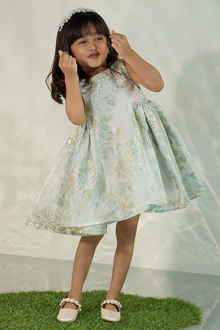 Mint Blue Jacquard Brocade Flared Dress For Girls by COCO at Pernia's Pop Up Shop