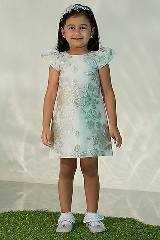 Mint Blue Jacquard Dress For Girls by COCO