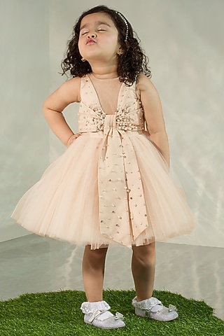 Nude Silk & Tulle Pearl Embellished Dress For Girls by COCO
