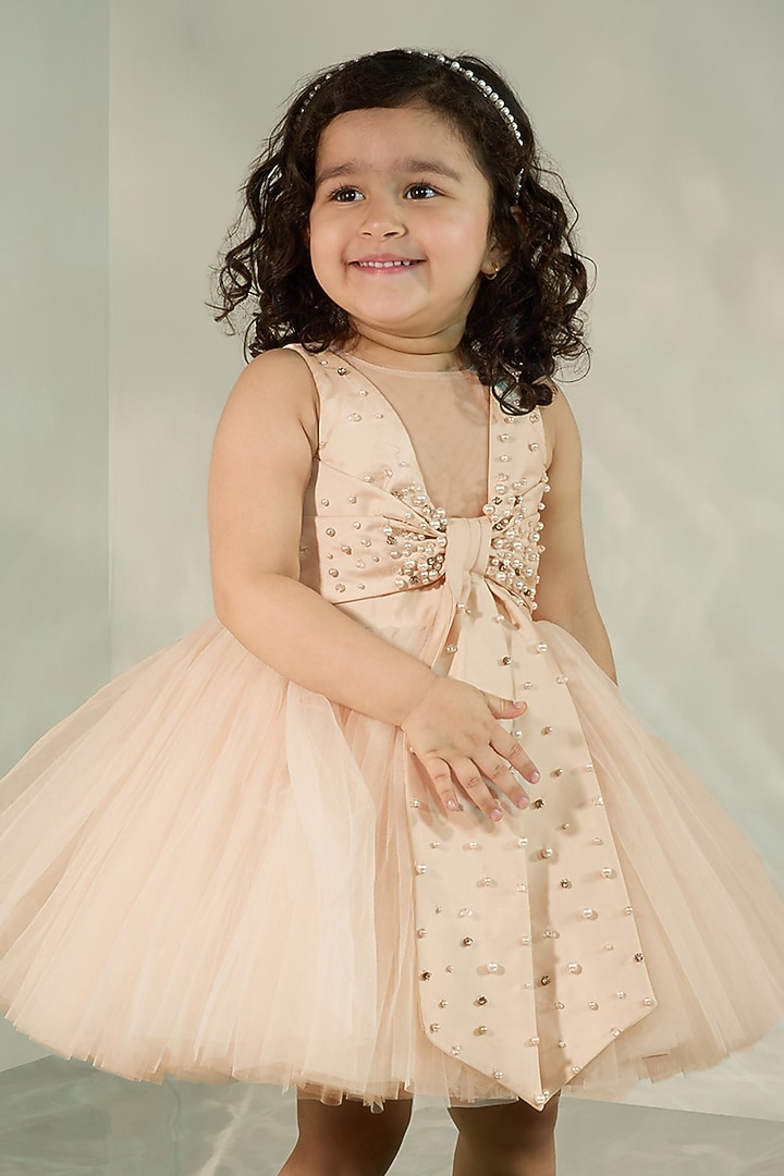 Nude Silk & Tulle Pearl Embellished Dress For Girls by COCO at Pernia's Pop Up Shop