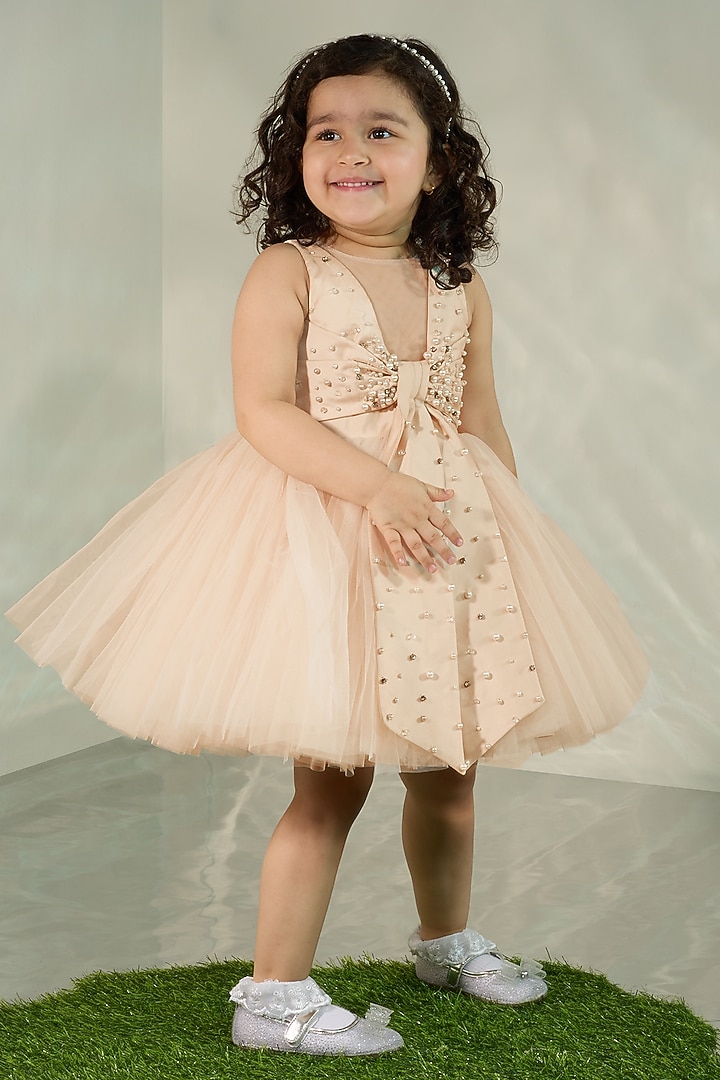 Nude Silk & Tulle Pearl Embellished Dress For Girls by COCO at Pernia's Pop Up Shop