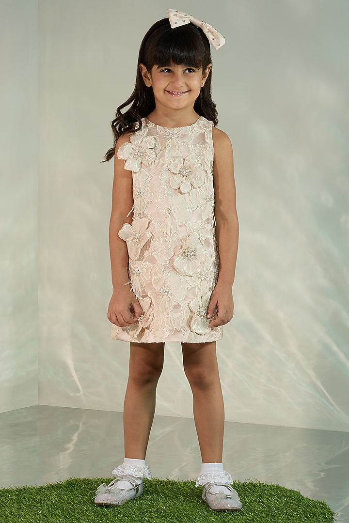Nude Jacquard Floral Embellished Shift Dress For Girls by COCO at Pernia's Pop Up Shop