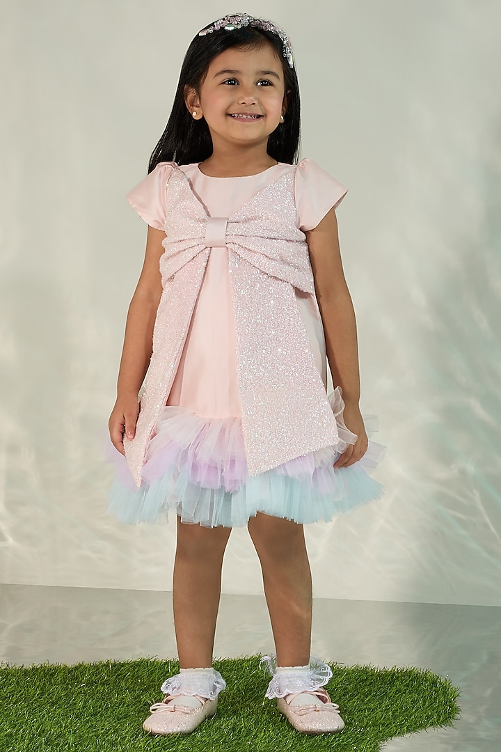Pink Silk & Tulle A-Line Frilled Dress For Girls by COCO at Pernia's Pop Up Shop