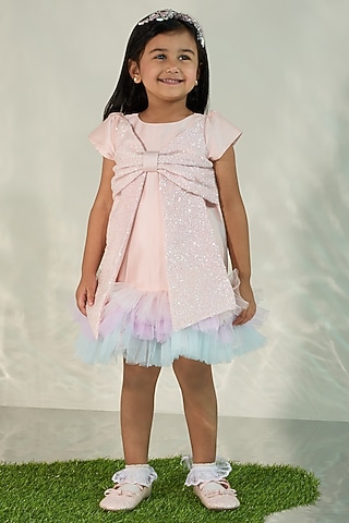 Pink Silk & Tulle A-Line Frilled Dress For Girls by COCO