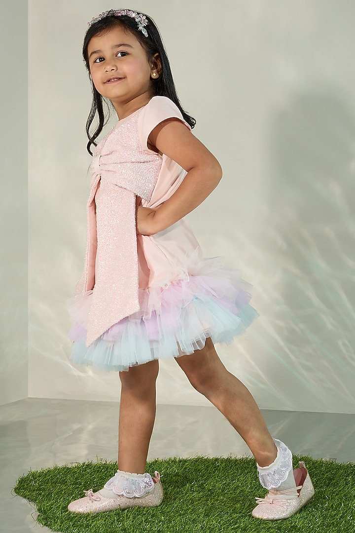 Pink Silk & Tulle A-Line Frilled Dress For Girls by COCO at Pernia's Pop Up Shop