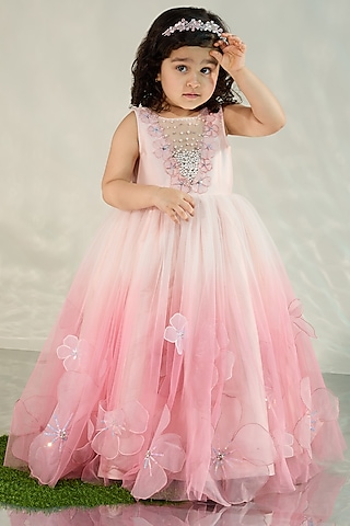 Pink Ombre Silk & Tulle Pearl Embellished Gown For Girls by COCO