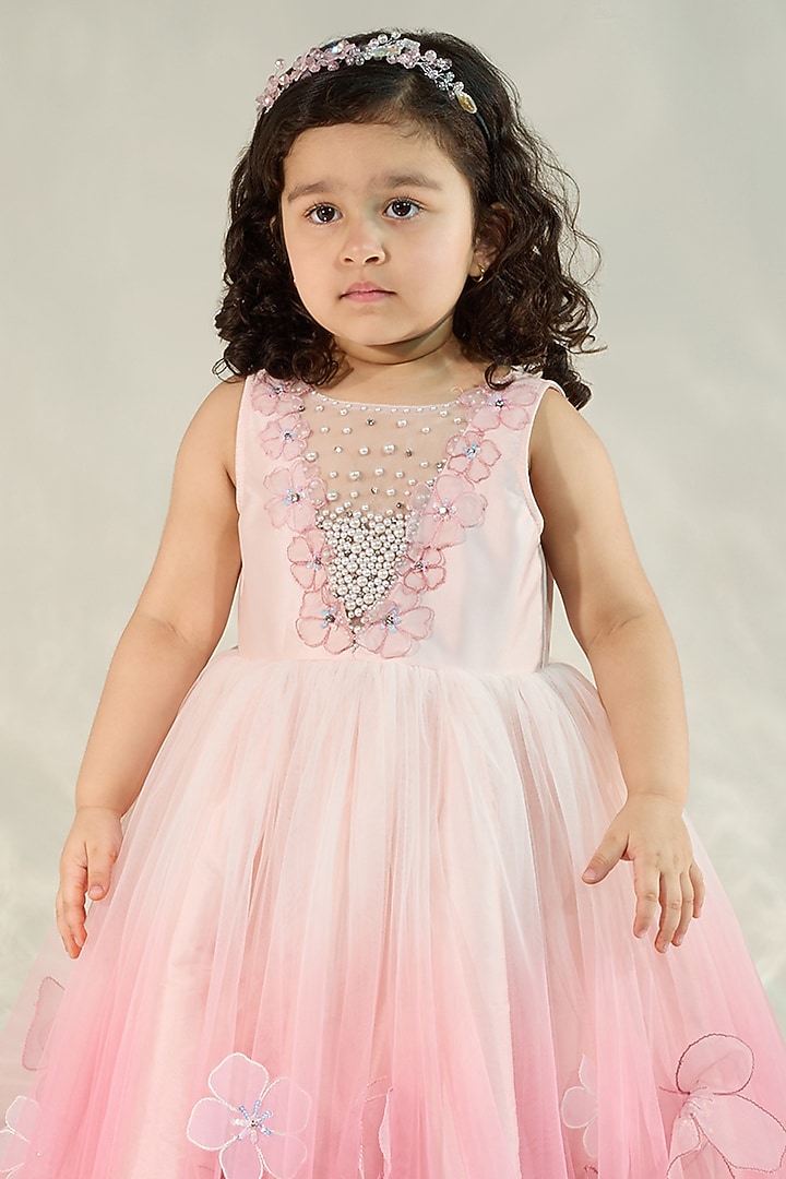 Pink Ombre Silk & Tulle Pearl Embellished Gown For Girls by COCO at Pernia's Pop Up Shop