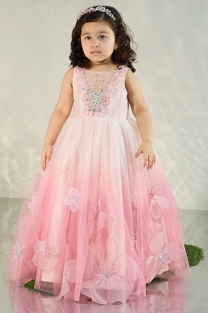 Pink Ombre Silk & Tulle Pearl Embellished Gown For Girls by COCO at Pernia's Pop Up Shop