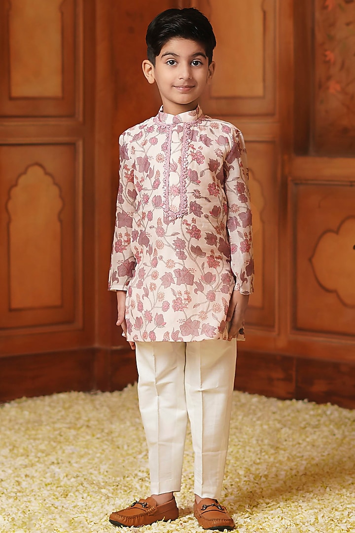 Mauve Chanderi Mul Printed & Embroidered Kurta Set For Boys by COCO at Pernia's Pop Up Shop