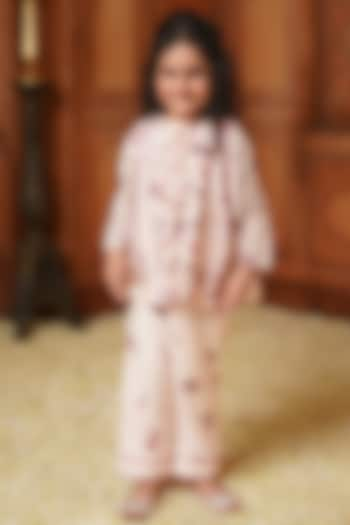 Mauve Chanderi Mul Printed & Embroidered Kurta Set For Girls by COCO at Pernia's Pop Up Shop