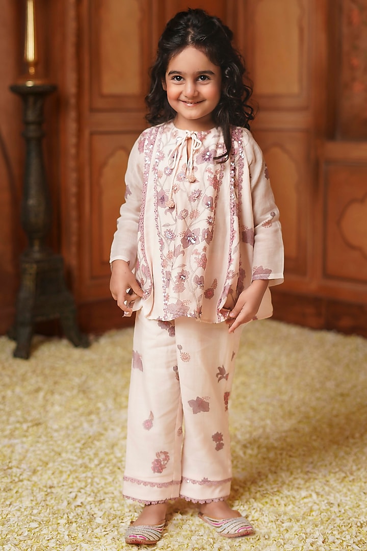 Mauve Chanderi Mul Printed & Embroidered Kurta Set For Girls by COCO at Pernia's Pop Up Shop