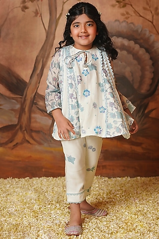 Mauve & Blue Chanderi Mul Printed & Embroidered Kurta Set For Girls by COCO