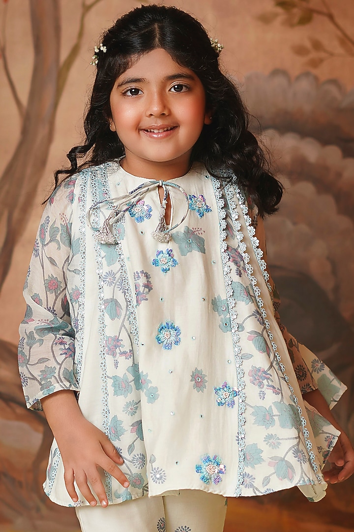 Mauve & Blue Chanderi Mul Printed & Embroidered Kurta Set For Girls by COCO at Pernia's Pop Up Shop