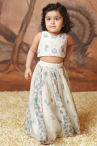 Blue Chanderi Mul Printed Lehenga Set For Girls by COCO