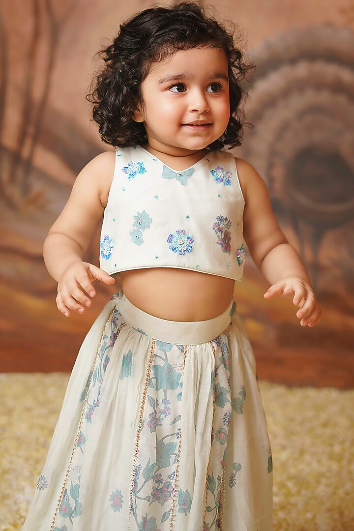 Blue Chanderi Mul Printed Lehenga Set For Girls by COCO at Pernia's Pop Up Shop