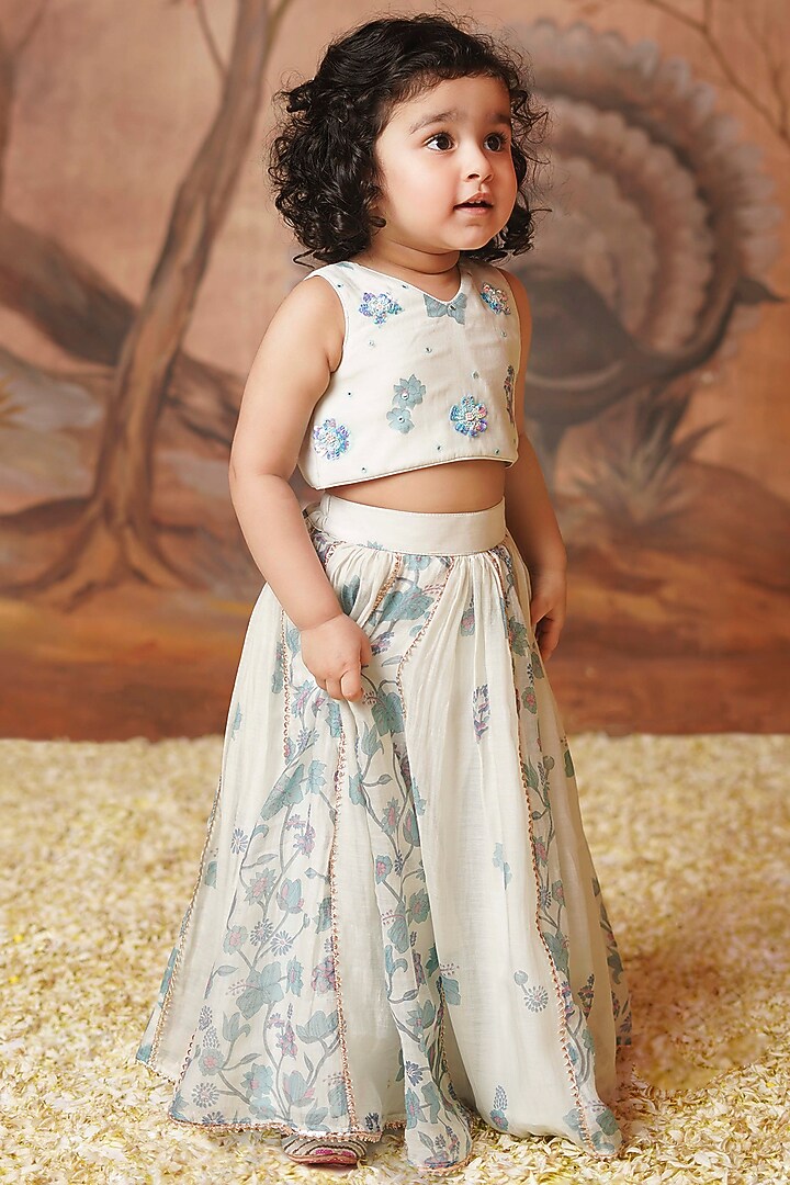 Blue Chanderi Mul Printed Lehenga Set For Girls by COCO at Pernia's Pop Up Shop