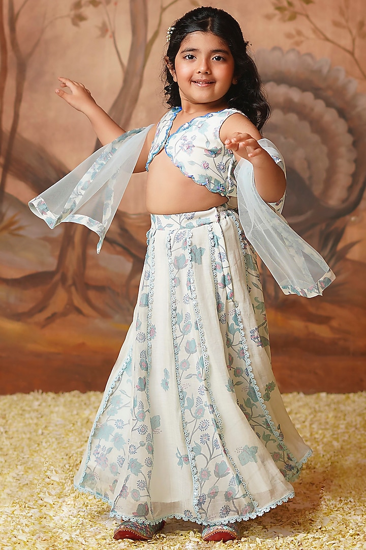 Blue Chanderi Mul Printed Lehenga Set For Girls by COCO at Pernia's Pop Up Shop