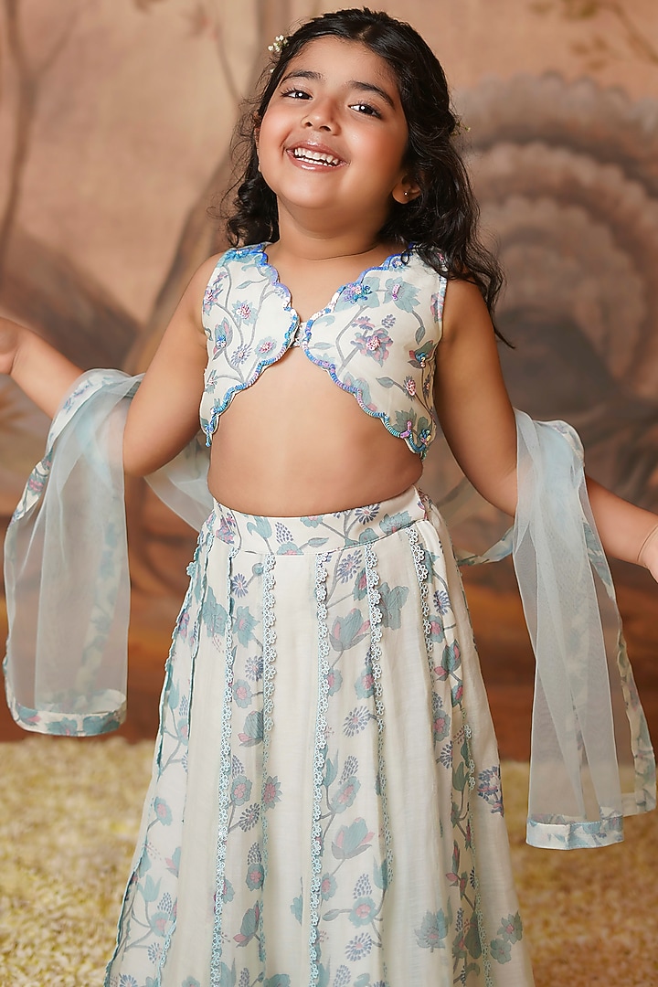 Blue Chanderi Mul Printed Lehenga Set For Girls by COCO at Pernia's Pop Up Shop