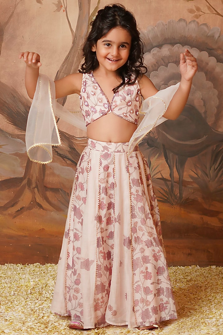 Mauve Chanderi Mul Printed Lehenga Set For Girls by COCO at Pernia's Pop Up Shop