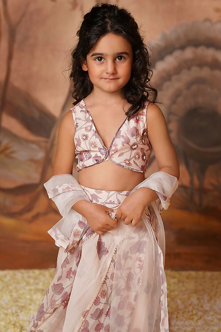 Mauve Chanderi Mul Printed Lehenga Set For Girls by COCO at Pernia's Pop Up Shop