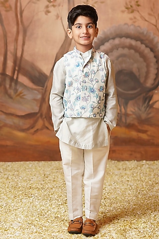 Blue Chanderi Mul Printed & Embroidered Bundi Jacket Set For Boys by COCO