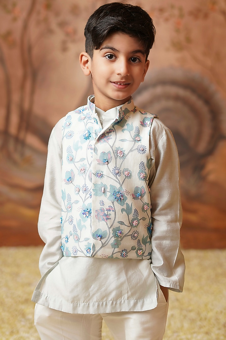 Blue Chanderi Mul Printed & Embroidered Bundi Jacket Set For Boys by COCO at Pernia's Pop Up Shop
