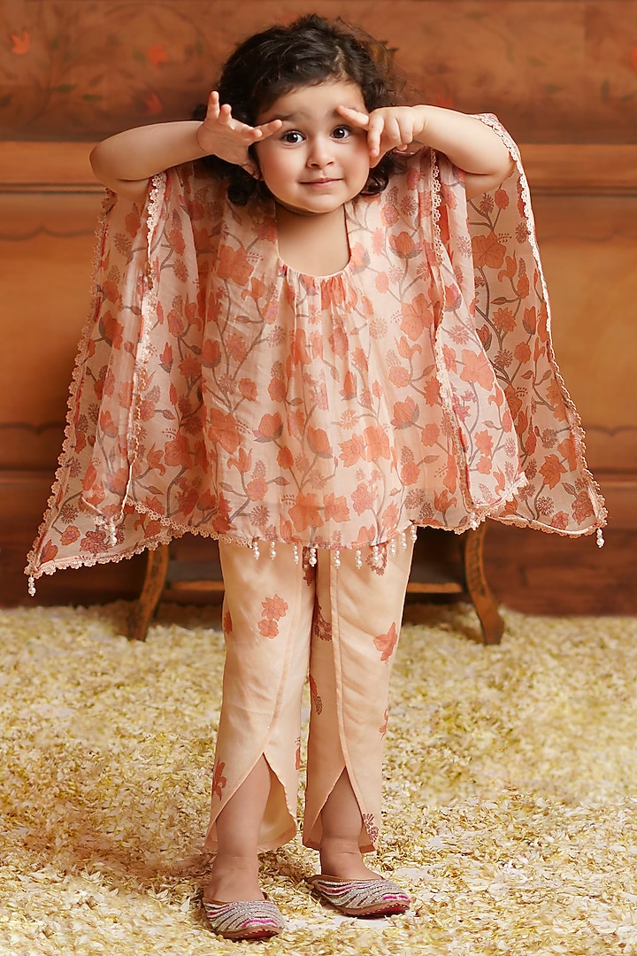 Peach Chanderi Mul Printed Kaftan Set For Girls by COCO at Pernia's Pop Up Shop