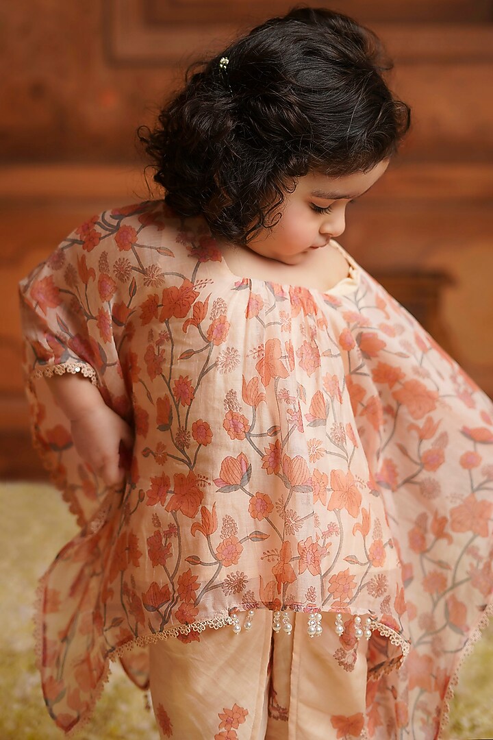 Peach Chanderi Mul Printed Kaftan Set For Girls by COCO at Pernia's Pop Up Shop