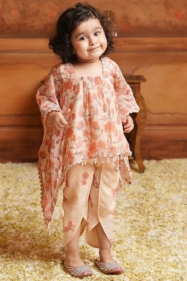 Peach Chanderi Mul Printed Kaftan Set For Girls by COCO at Pernia's Pop Up Shop