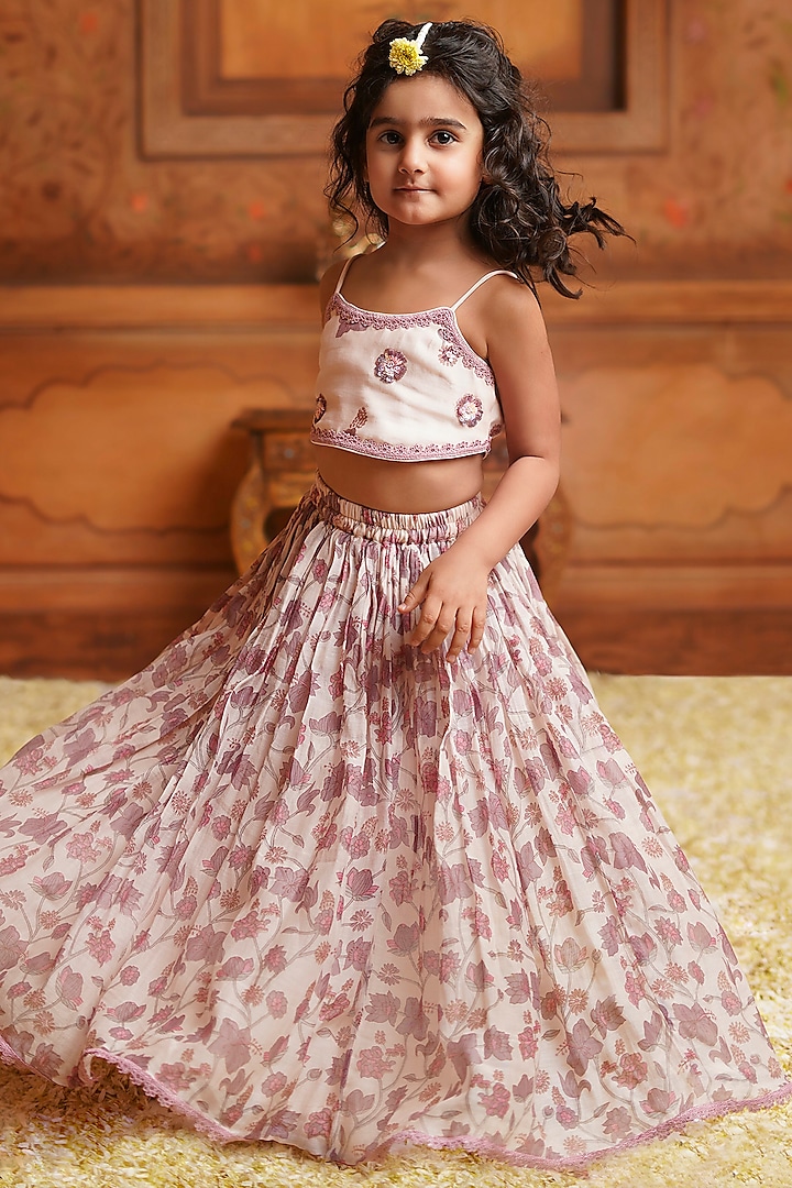 Mauve Chanderi Mul Printed Lehenga Set For Girls by COCO at Pernia's Pop Up Shop