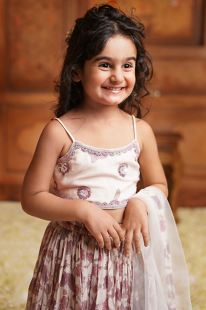 Mauve Chanderi Mul Printed Lehenga Set For Girls by COCO at Pernia's Pop Up Shop