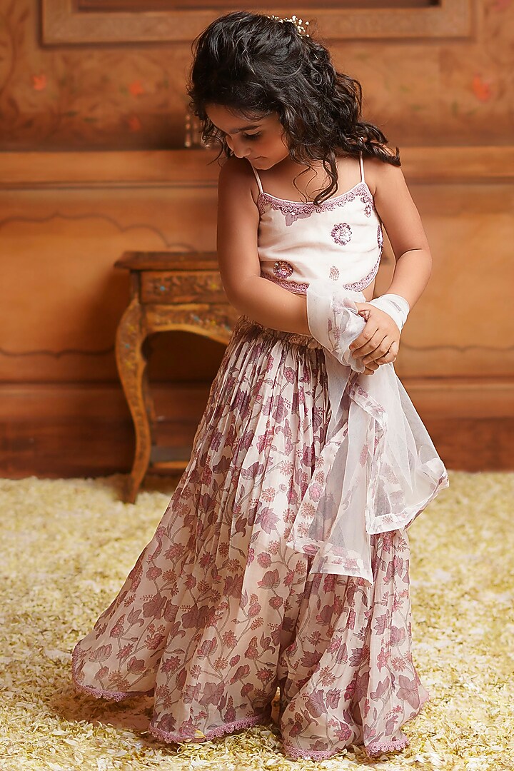 Mauve Chanderi Mul Printed Lehenga Set For Girls by COCO at Pernia's Pop Up Shop