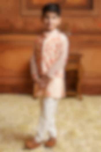 Peach Chanderi Mul Butta Printed Bundi Jacket Set For Boys by COCO at Pernia's Pop Up Shop